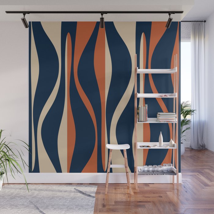 Mid Century Modern Retro Lounge Striped Ogee Pattern in Midcentury Navy Blue, Spiced Orange, and Beige Wall Mural Gallery Image 1