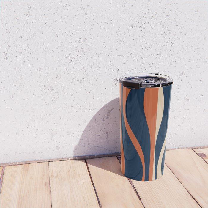 Mid Century Modern Retro Lounge Striped Ogee Pattern in Midcentury Navy Blue, Spiced Orange, and Beige Travel Mug Gallery Image 4