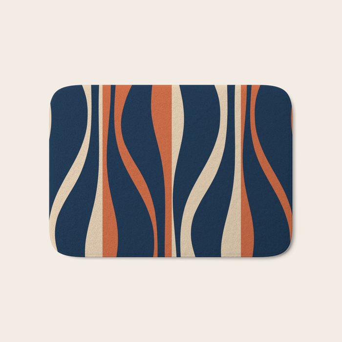 Mid Century Modern Retro Lounge Striped Ogee Pattern in Midcentury Navy Blue, Spiced Orange, and Beige Bath Mat Gallery Image 1