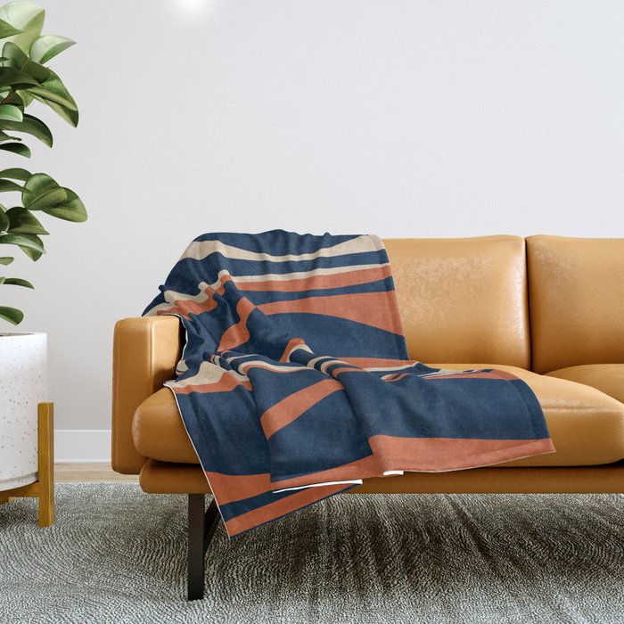 Mid Century Modern Retro Lounge Striped Ogee Pattern in Midcentury Navy Blue, Spiced Orange, and Beige Throw Blanket Gallery Image 1