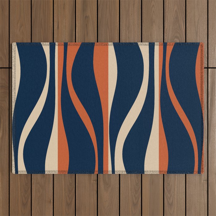 Mid Century Modern Retro Lounge Striped Ogee Pattern in Midcentury Navy Blue, Spiced Orange, and Beige Outdoor Rug Gallery Image 1