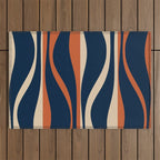 Mid Century Modern Retro Lounge Striped Ogee Pattern in Midcentury Navy Blue, Spiced Orange, and Beige Outdoor Rug Gallery Image 1