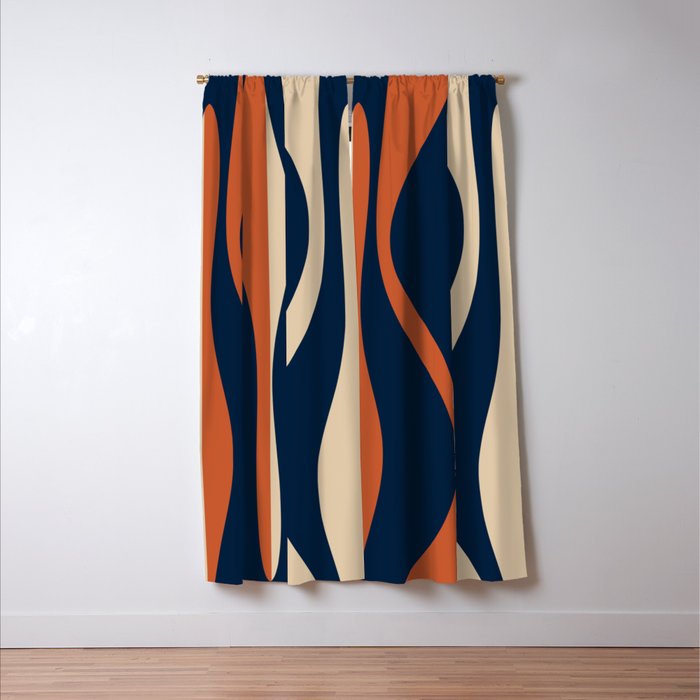 Mid Century Modern Retro Lounge Striped Ogee Pattern in Midcentury Navy Blue, Spiced Orange, and Beige Window Curtain Gallery Image 3