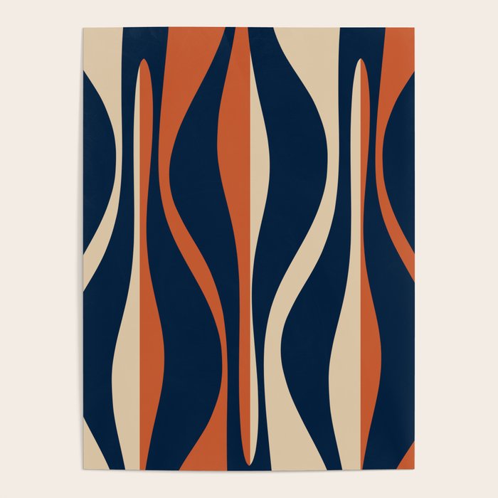 Mid Century Modern Retro Lounge Striped Ogee Pattern in Midcentury Navy Blue, Spiced Orange, and Beige Poster Gallery Image 1