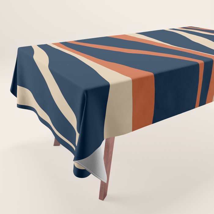 Mid Century Modern Retro Lounge Striped Ogee Pattern in Midcentury Navy Blue, Spiced Orange, and Beige Tablecloth Gallery Image 1