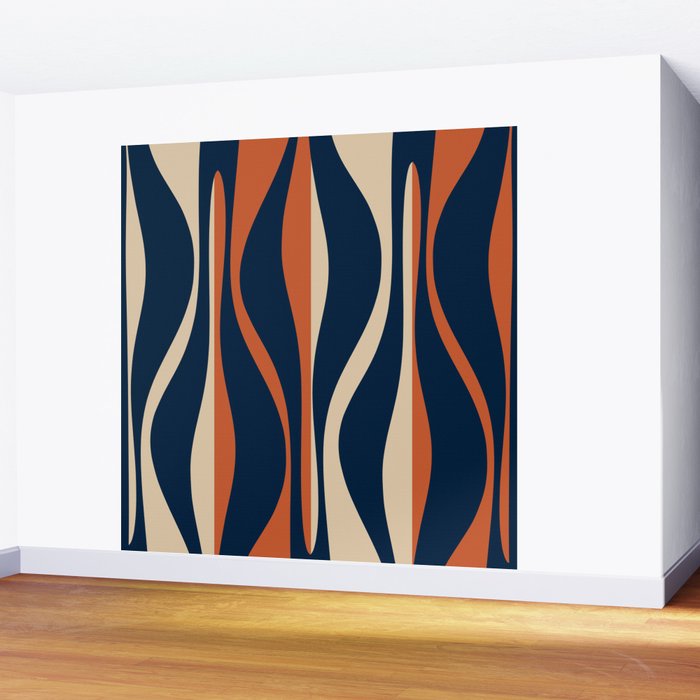 Mid Century Modern Retro Lounge Striped Ogee Pattern in Midcentury Navy Blue, Spiced Orange, and Beige Wall Mural Gallery Image 2