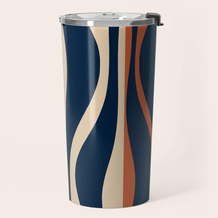 Mid Century Modern Retro Lounge Striped Ogee Pattern in Midcentury Navy Blue, Spiced Orange, and Beige Travel Mug Gallery Image 2