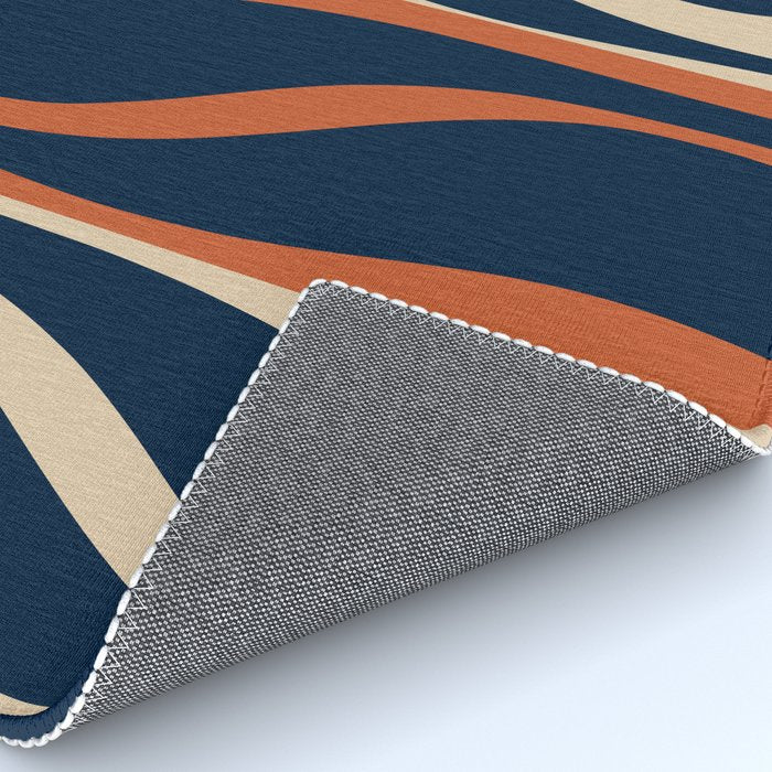 Mid Century Modern Retro Lounge Striped Ogee Pattern in Midcentury Navy Blue, Spiced Orange, and Beige Rug Gallery Image 4