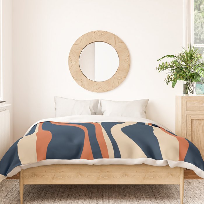 Mid Century Modern Retro Lounge Striped Ogee Pattern in Midcentury Navy Blue, Spiced Orange, and Beige Duvet Cover Gallery Image 3