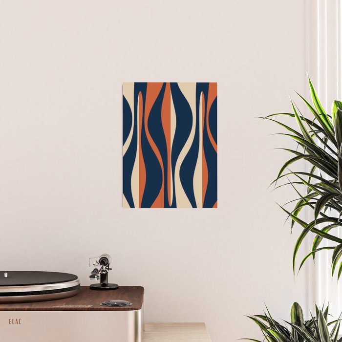 Mid Century Modern Retro Lounge Striped Ogee Pattern in Midcentury Navy Blue, Spiced Orange, and Beige Poster Gallery Image 2