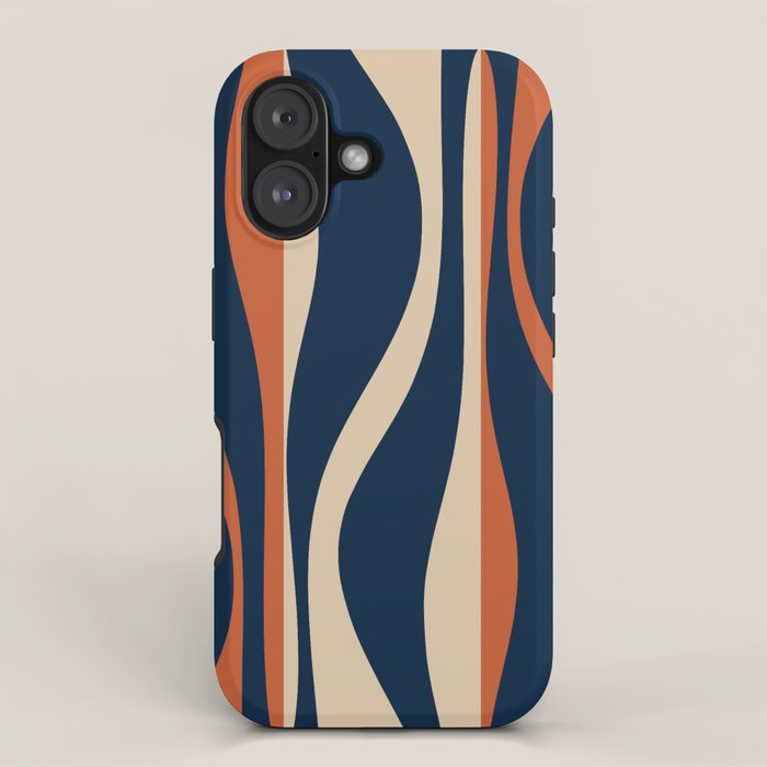Mid Century Modern Retro Lounge Striped Ogee Pattern in Midcentury Navy Blue, Spiced Orange, and Beige iPhone Case Gallery Image 1