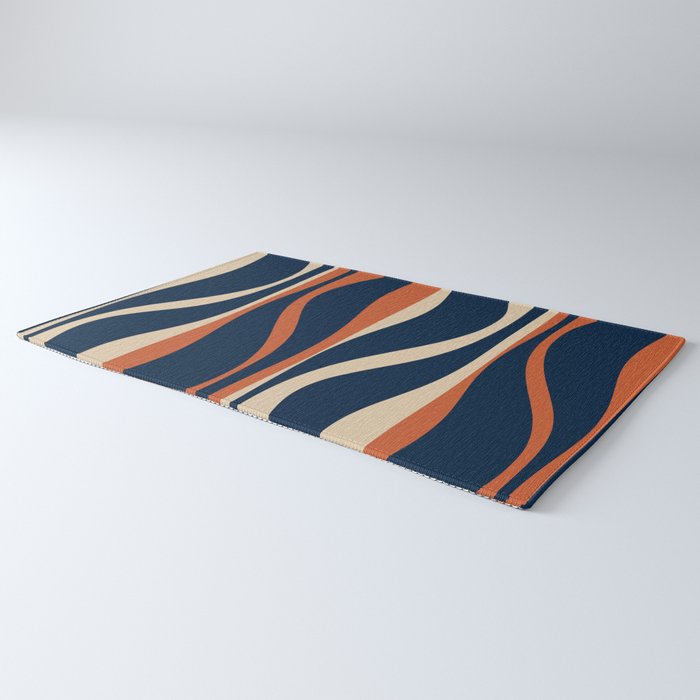 Mid Century Modern Retro Lounge Striped Ogee Pattern in Midcentury Navy Blue, Spiced Orange, and Beige Rug Gallery Image 3