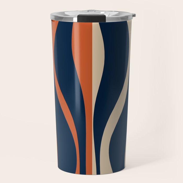 Mid Century Modern Retro Lounge Striped Ogee Pattern in Midcentury Navy Blue, Spiced Orange, and Beige Travel Mug Gallery Image 1