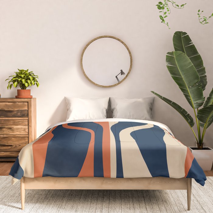 Mid Century Modern Retro Lounge Striped Ogee Pattern in Midcentury Navy Blue, Spiced Orange, and Beige Comforter Gallery Image 3
