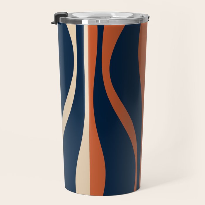 Mid Century Modern Retro Lounge Striped Ogee Pattern in Midcentury Navy Blue, Spiced Orange, and Beige Travel Mug Gallery Image 3