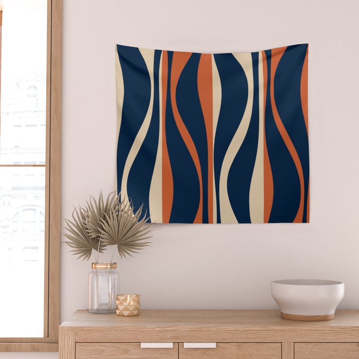 Mid Century Modern Retro Lounge Striped Ogee Pattern in Midcentury Navy Blue, Spiced Orange, and Beige Wall Tapestry Gallery Image 2