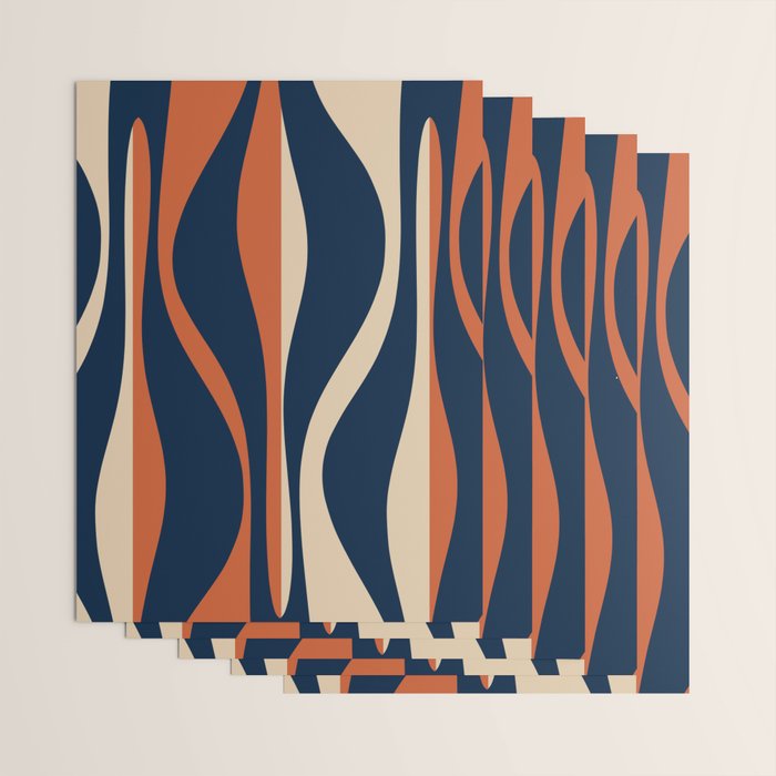 Mid Century Modern Retro Lounge Striped Ogee Pattern in Midcentury Navy Blue, Spiced Orange, and Beige Wrapping Paper Gallery Image 3