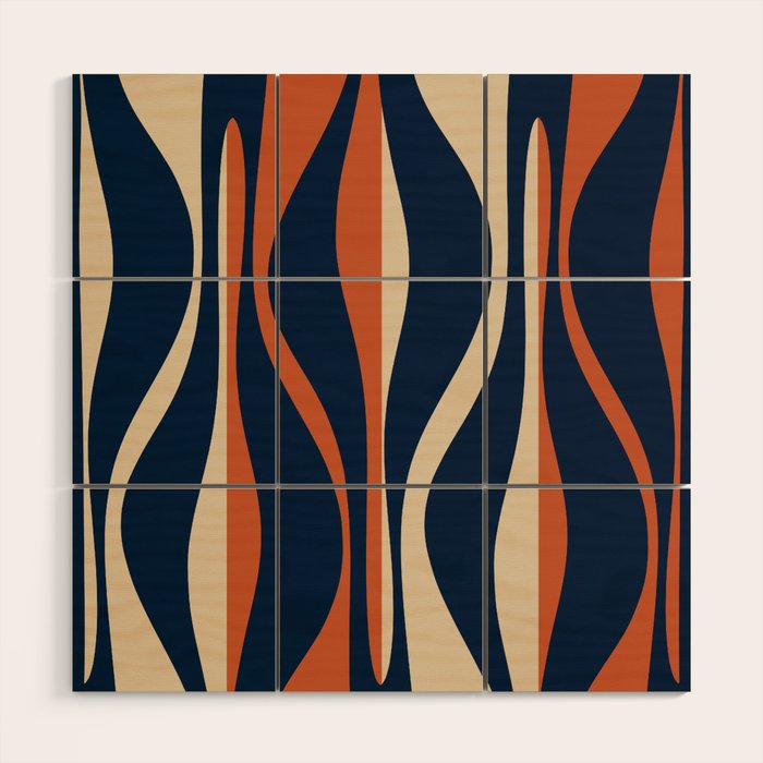 Mid Century Modern Retro Lounge Striped Ogee Pattern in Midcentury Navy Blue, Spiced Orange, and Beige Wood Wall Art Gallery Image 1
