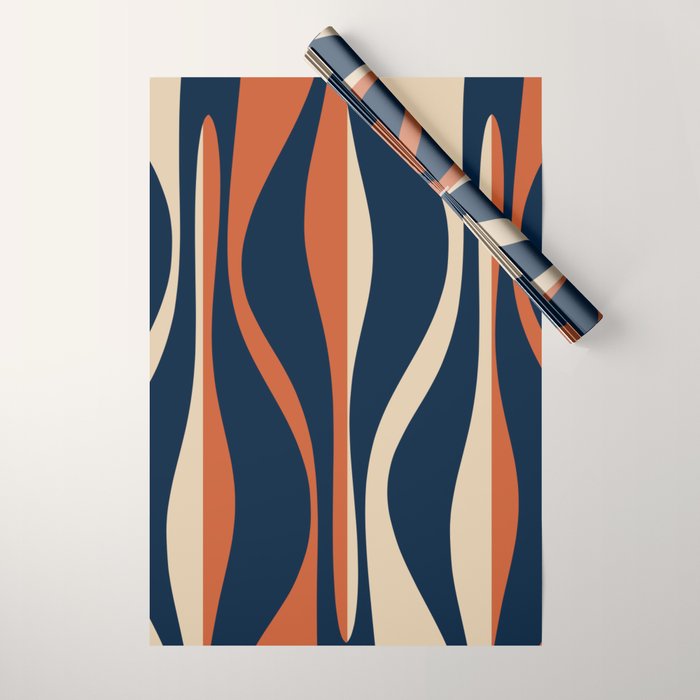 Mid Century Modern Retro Lounge Striped Ogee Pattern in Midcentury Navy Blue, Spiced Orange, and Beige Wrapping Paper Gallery Image 1