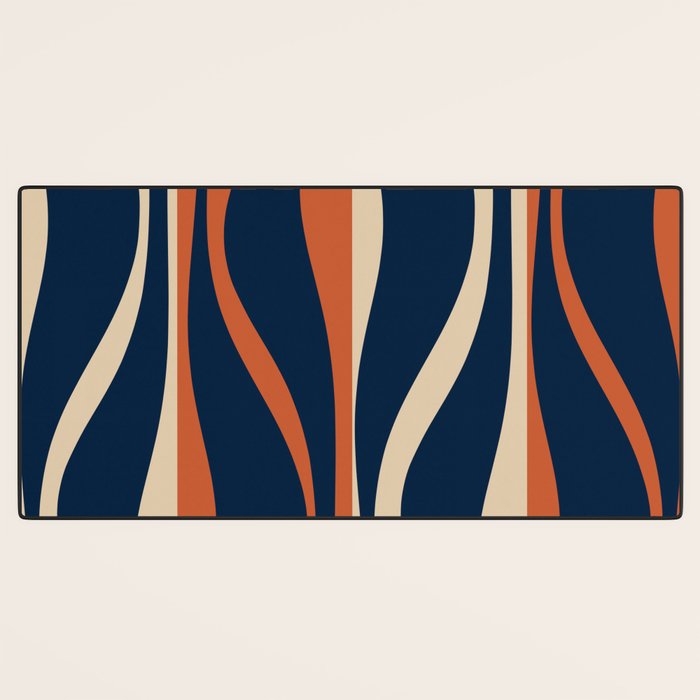 Mid Century Modern Retro Lounge Striped Ogee Pattern in Midcentury Navy Blue, Spiced Orange, and Beige Desk Mat Gallery Image 3
