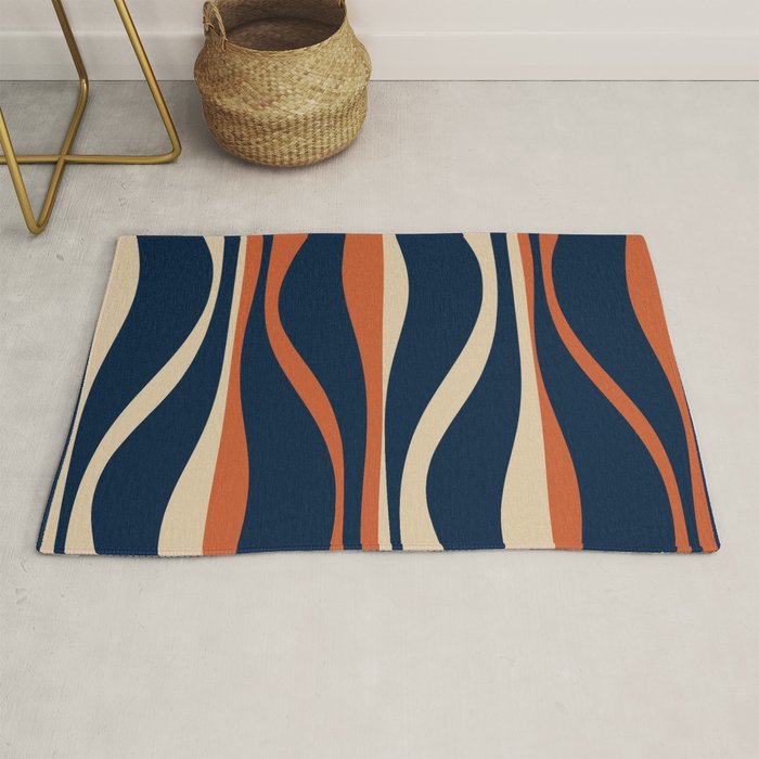 Mid Century Modern Retro Lounge Striped Ogee Pattern in Midcentury Navy Blue, Spiced Orange, and Beige Rug Gallery Image 1