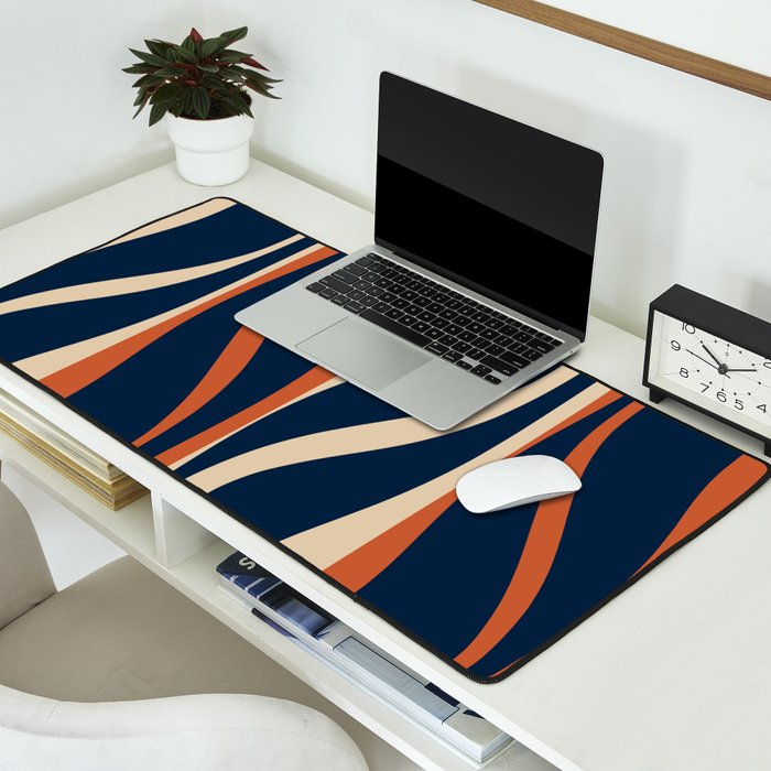 Mid Century Modern Retro Lounge Striped Ogee Pattern in Midcentury Navy Blue, Spiced Orange, and Beige Desk Mat Gallery Image 2