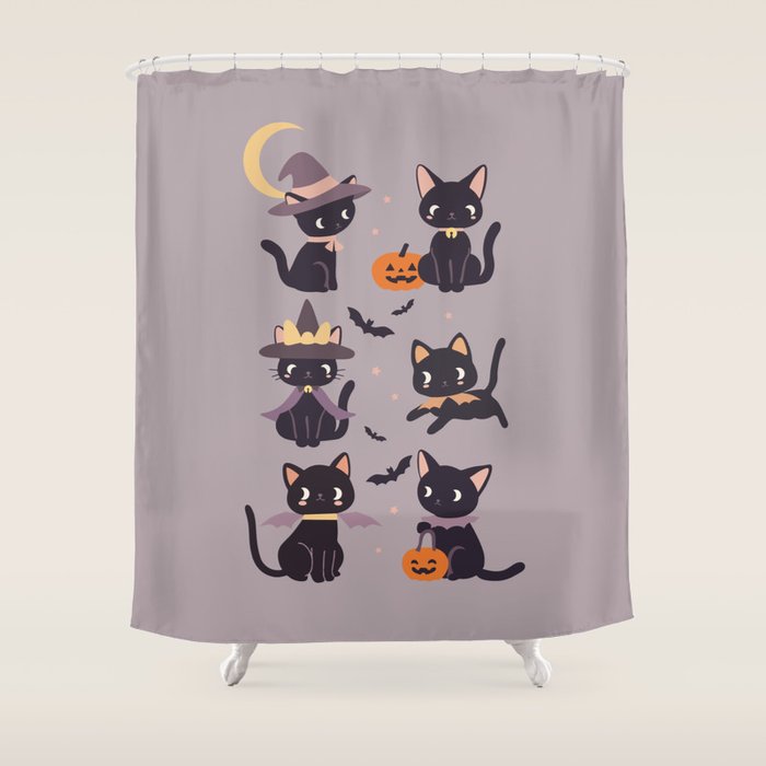 Cute Halloween Witch Cats and Pumpkins  Shower Curtain Gallery Image 1