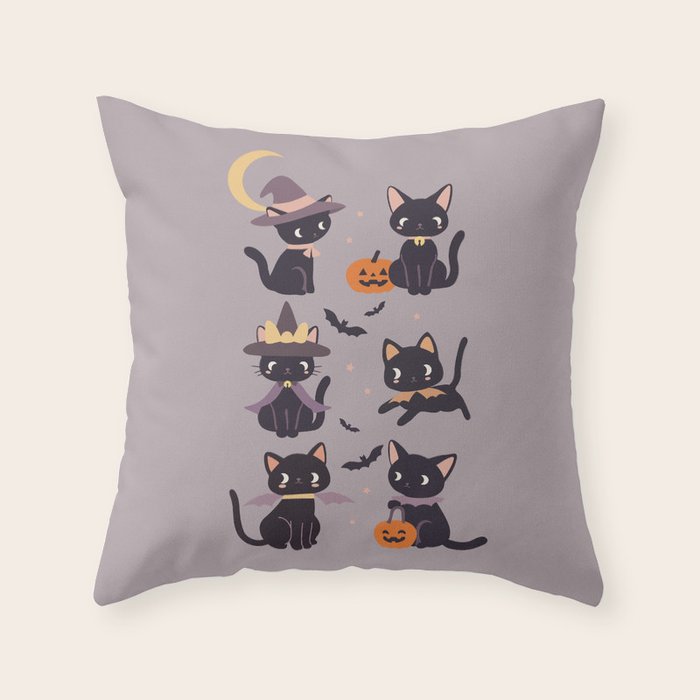 Cute Halloween Witch Cats and Pumpkins  Throw Pillow Gallery Image 1