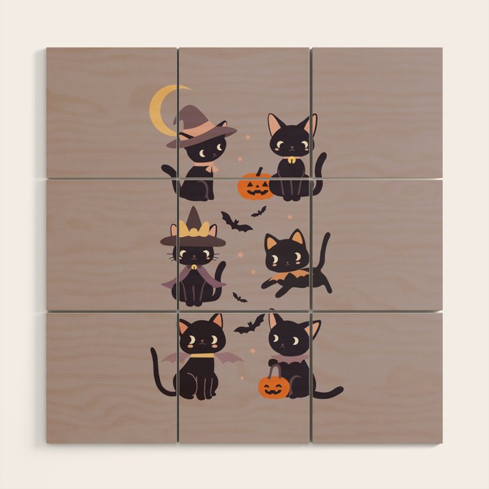 Cute Halloween Witch Cats and Pumpkins  Wood Wall Art Gallery Image 1