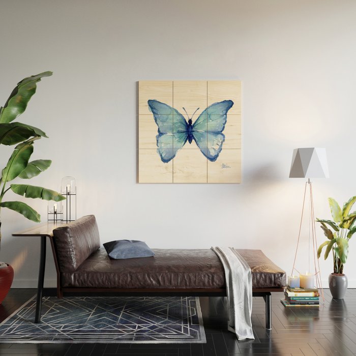 Blue Butterfly Watercolor Wood Wall Art Gallery Image 2