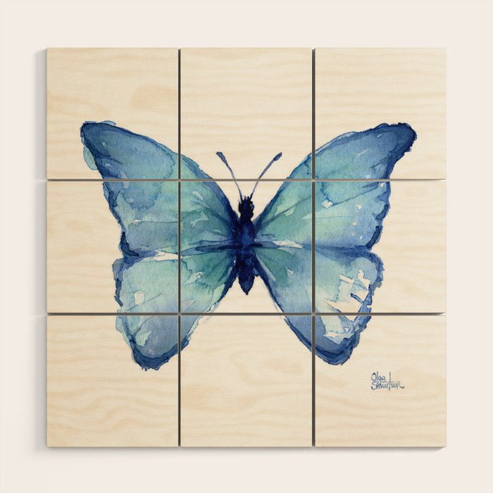 Blue Butterfly Watercolor Wood Wall Art Gallery Image 1