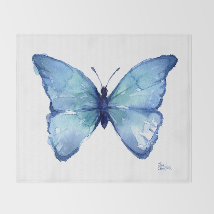 Blue Butterfly Watercolor Throw Blanket Gallery Image 2