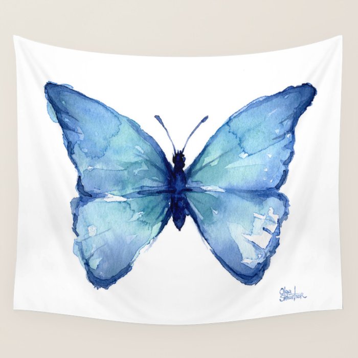 Blue Butterfly Watercolor Wall Tapestry