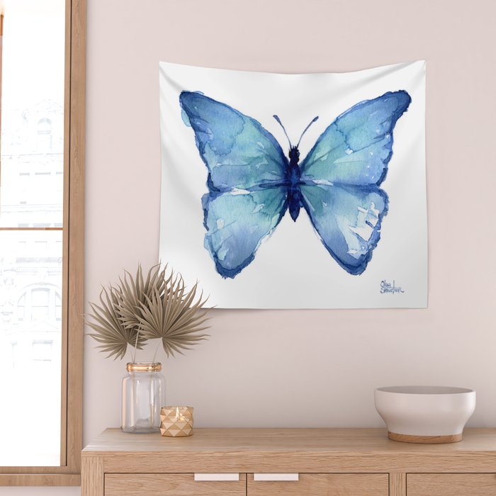 Blue Butterfly Watercolor Wall Tapestry Gallery Image 2