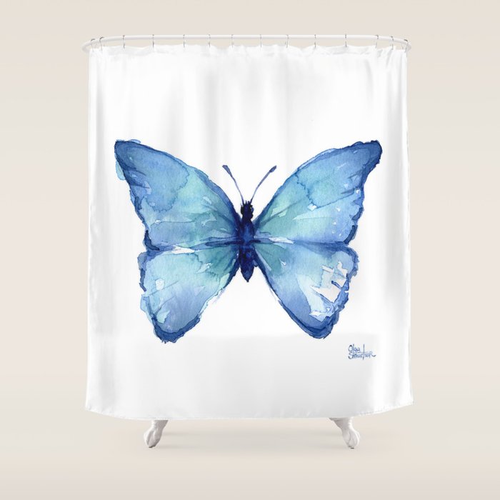 Blue Butterfly Watercolor Shower Curtain Gallery Image 1