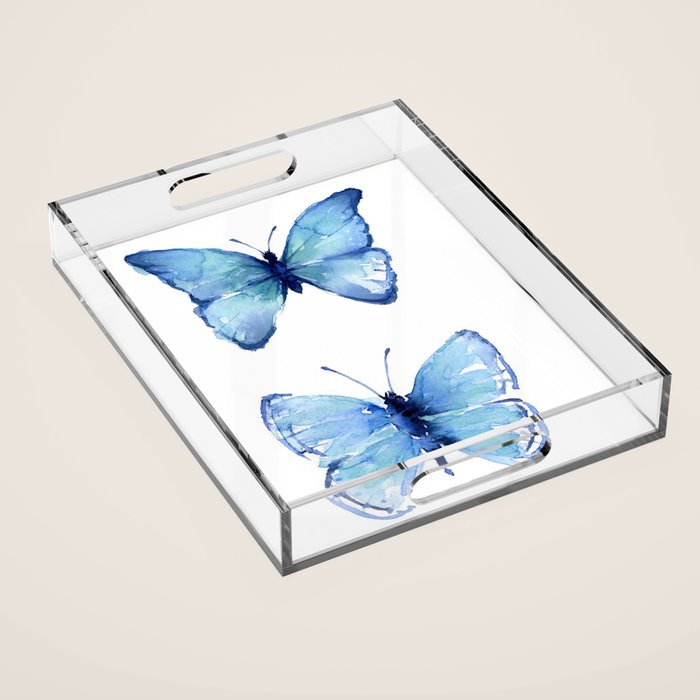 Two Blue Butterflies Watercolor Acrylic Tray Gallery Image 1
