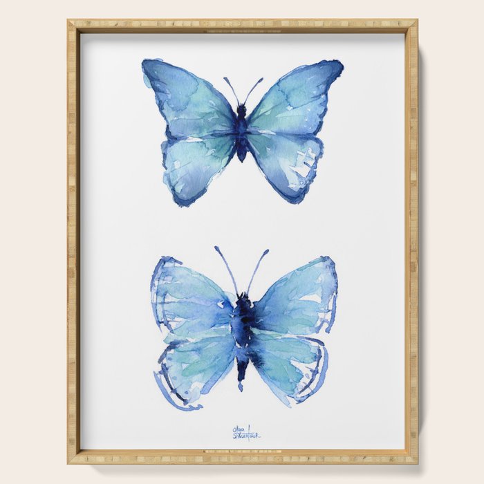 Two Blue Butterflies Watercolor Serving Tray Gallery Image 1