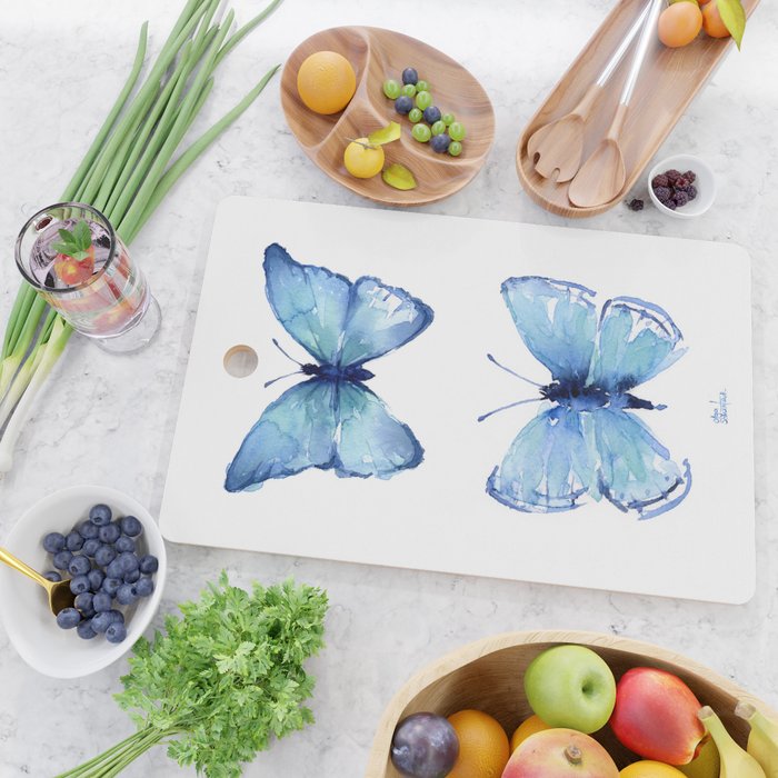 Two Blue Butterflies Watercolor Cutting Board Gallery Image 2