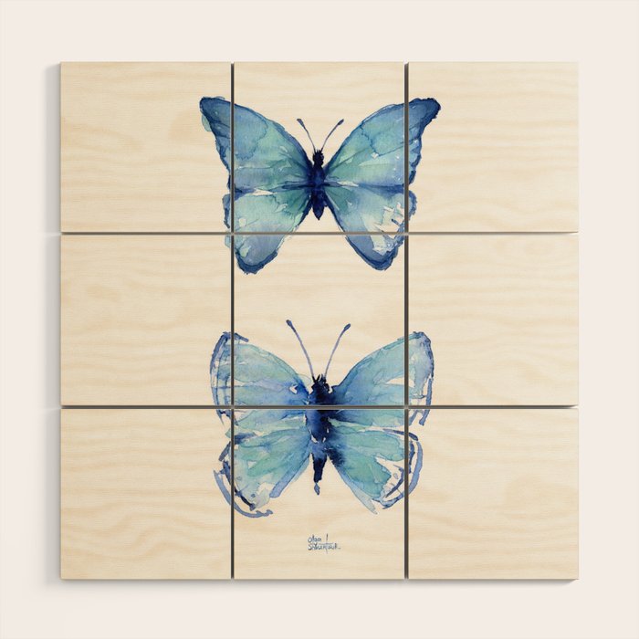 Two Blue Butterflies Watercolor Wood Wall Art Gallery Image 1