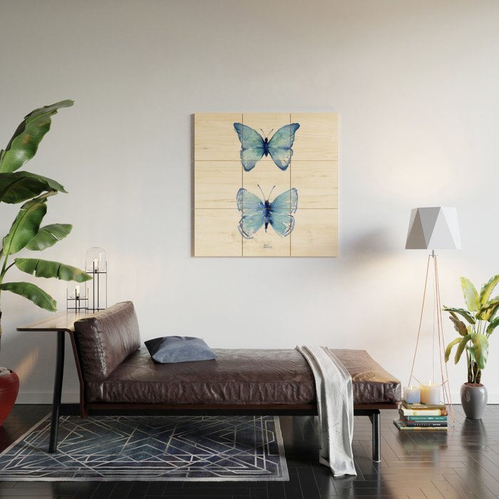 Two Blue Butterflies Watercolor Wood Wall Art Gallery Image 2