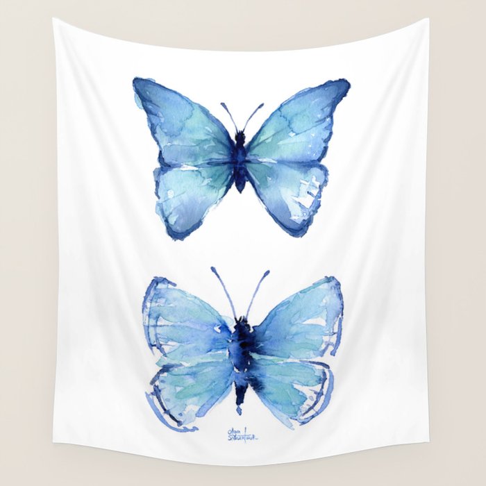 Two Blue Butterflies Watercolor Wall Tapestry Gallery Image 4