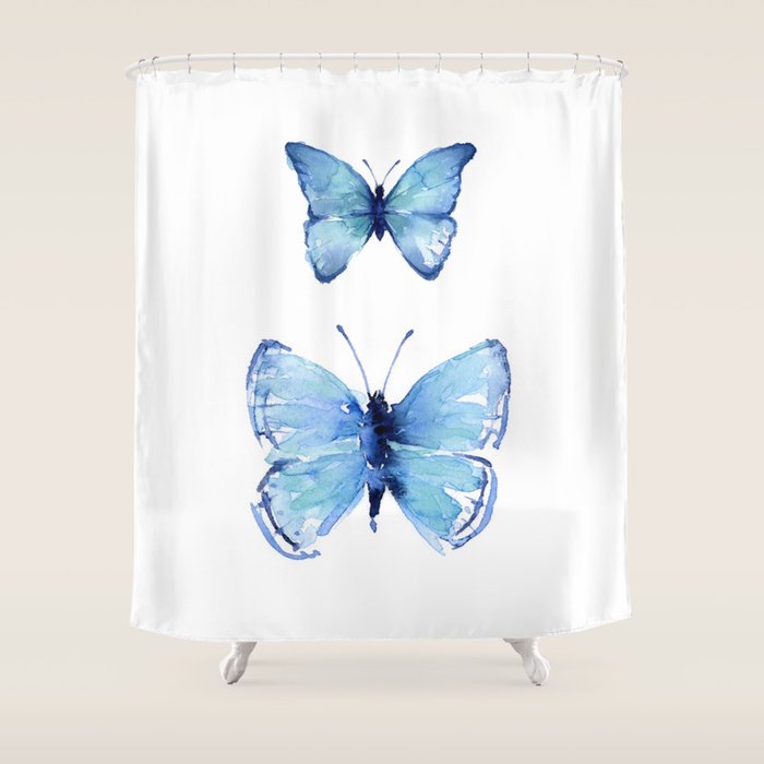 Two Blue Butterflies Watercolor Shower Curtain Gallery Image 1