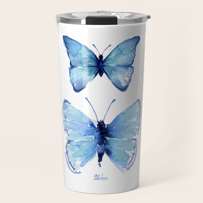 Two Blue Butterflies Watercolor Travel Mug Gallery Image 1
