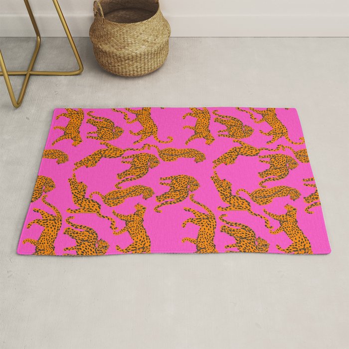 Abstract leopard with red lips illustration in fuchsia background  Rug Gallery Image 1