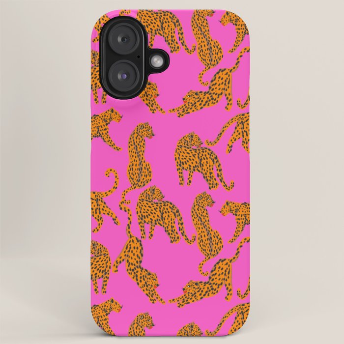 Abstract leopard with red lips illustration in fuchsia background  iPhone Case