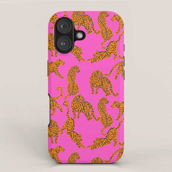 Abstract leopard with red lips illustration in fuchsia background  iPhone Case Gallery Image 1