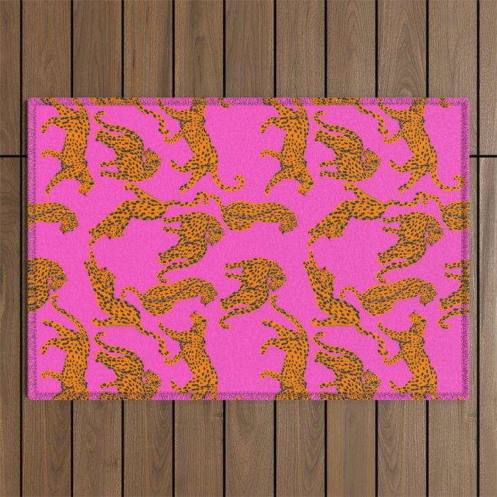 Abstract leopard with red lips illustration in fuchsia background  Outdoor Rug Gallery Image 1