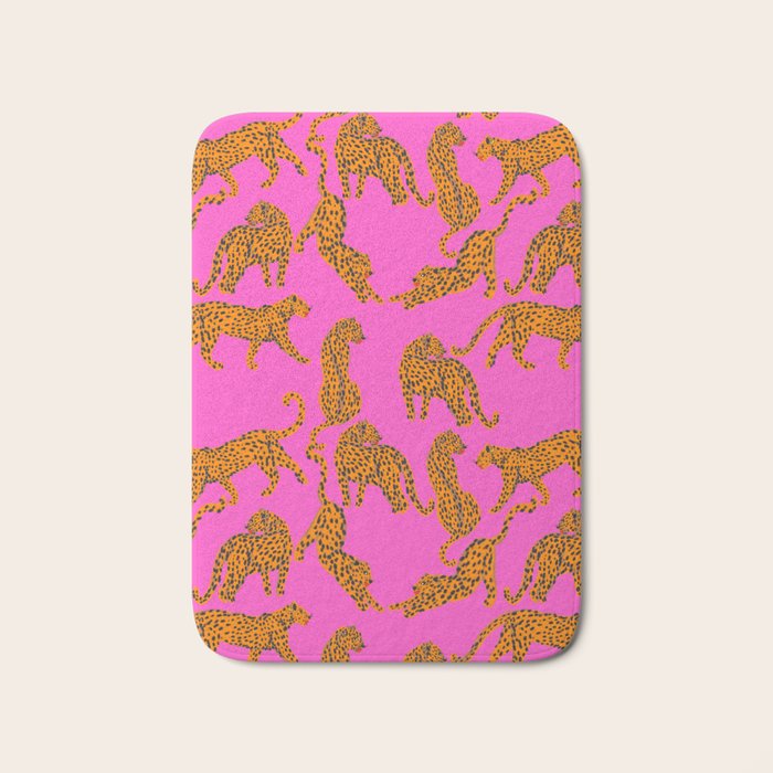 Abstract leopard with red lips illustration in fuchsia background  Bath Mat Gallery Image 1