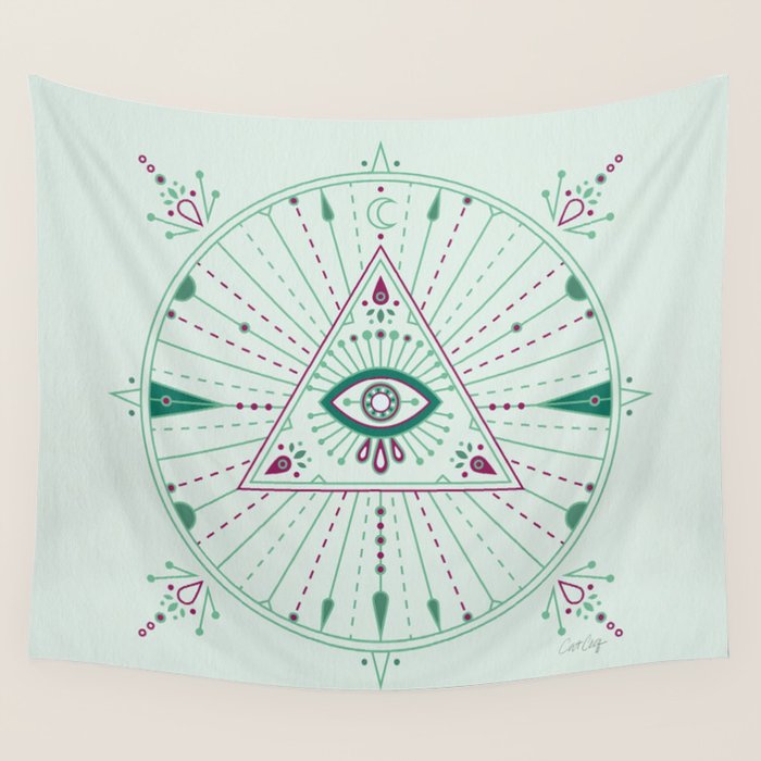 Evil Eye Mandala - Mint Wall Tapestry Gallery Image 4