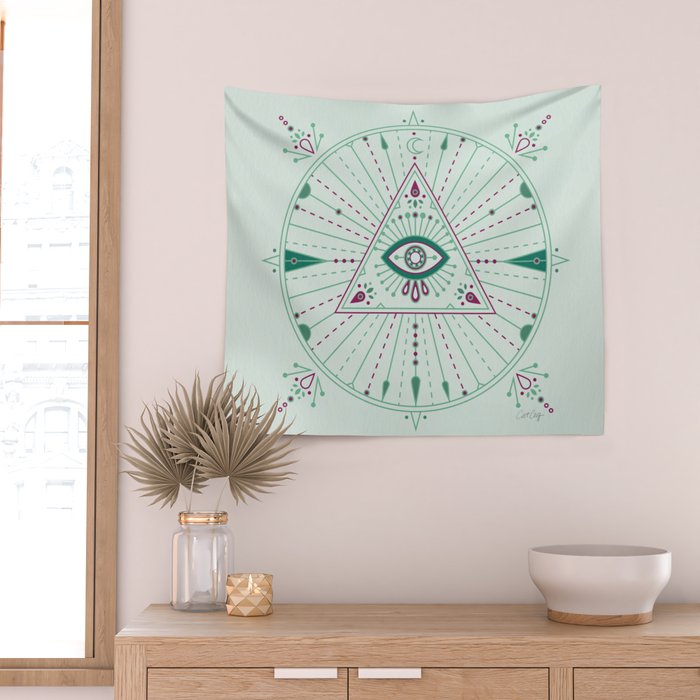 Evil Eye Mandala - Mint Wall Tapestry Gallery Image 2